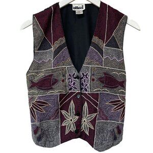EFFECI Vintage Vest Embroidered Cotton Boho Fish Flowers Black Burgundy